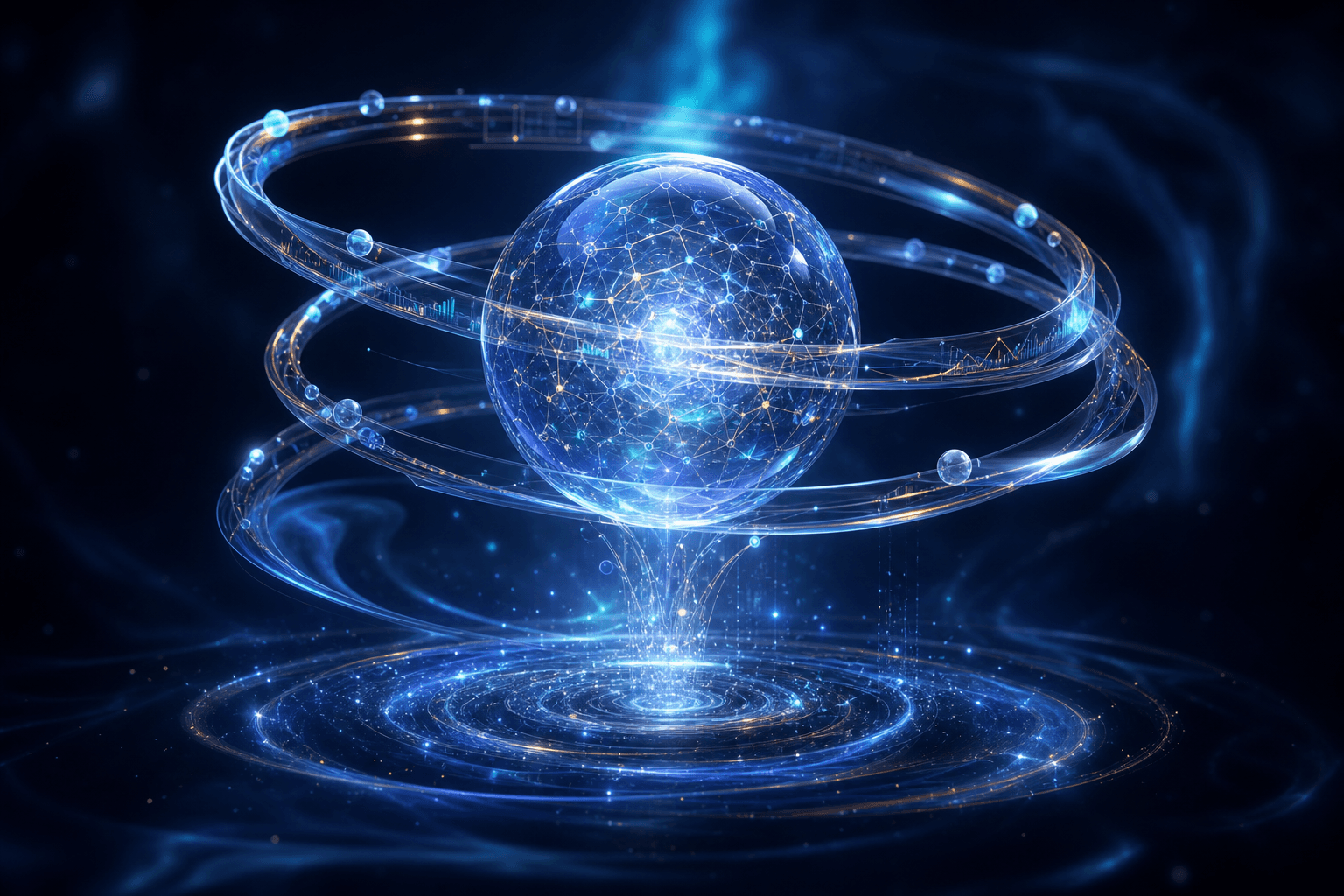 Levitating AI intelligence core transforming business data